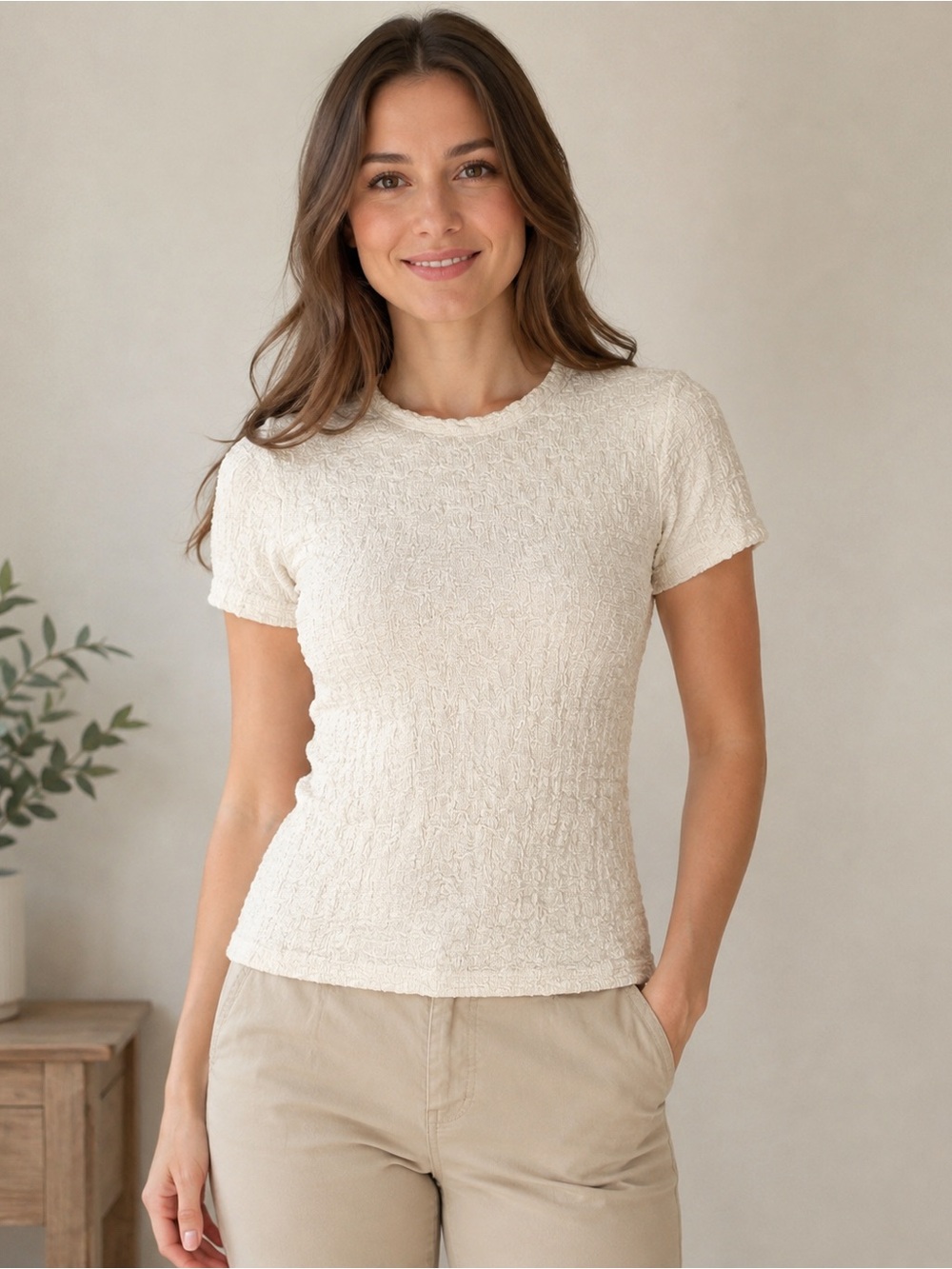 Simply Vera Vera Wang Women’s Cream Textured Short Sleeve Top XS